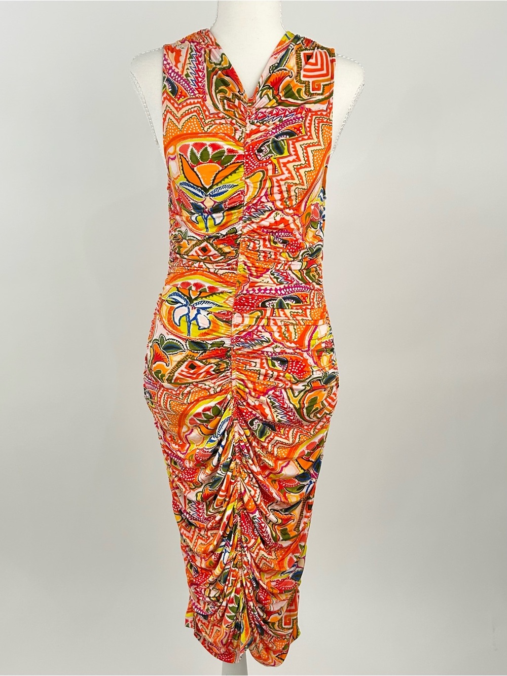 Marie Oliver Roxie Ruched Bodycon Midi Dress XS Orange Abstract Print